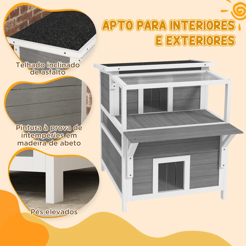 PawHut Casa para Gatos de Madeira 64x87x76 cm de 2 Níveis com Teto Asfáltico Janela e Porta com Cortina 64x87x76 cm Cinza Claro