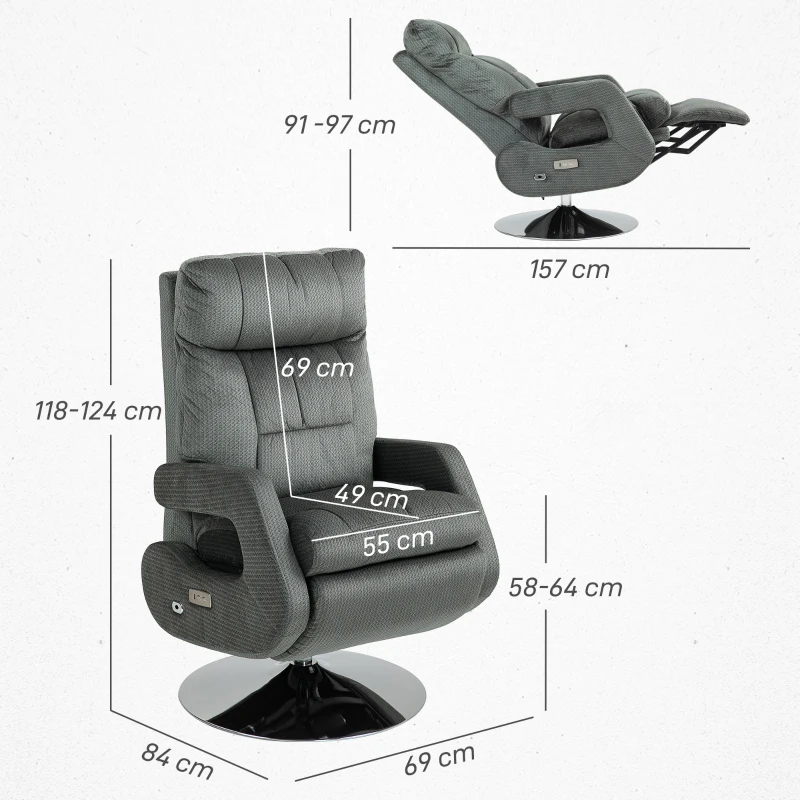 HOMCOM Recliner-Sessel, Elektrischer Polstersessel mit USB-Anschluss und Fußstütze, Samtoptik, drehbar, verstellbar, Grau(m-3)