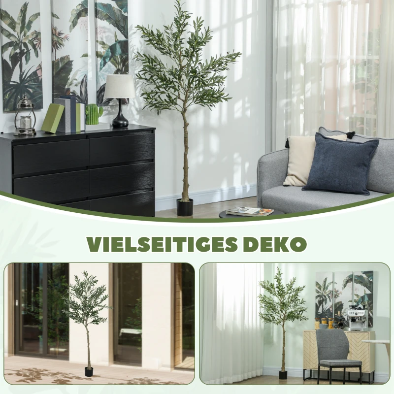 HOMCOM Sztuczna Roślina, Sztuczne Drzewo Oliwne, 180 cm, 900 Liści, 40 Owoców, Stabilna Doniczka, Dekoracyjna Roślina, Zielona