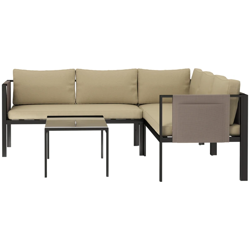 Outsunny 5 Seater Garden Corner Sofa Set, 4 Pieces Metal Garden Furniture Set with Loveseats, Glass Top Coffee Table, Breathable Mesh Pocket, Outdoor Conversation Furniture with Cushions, Khaki