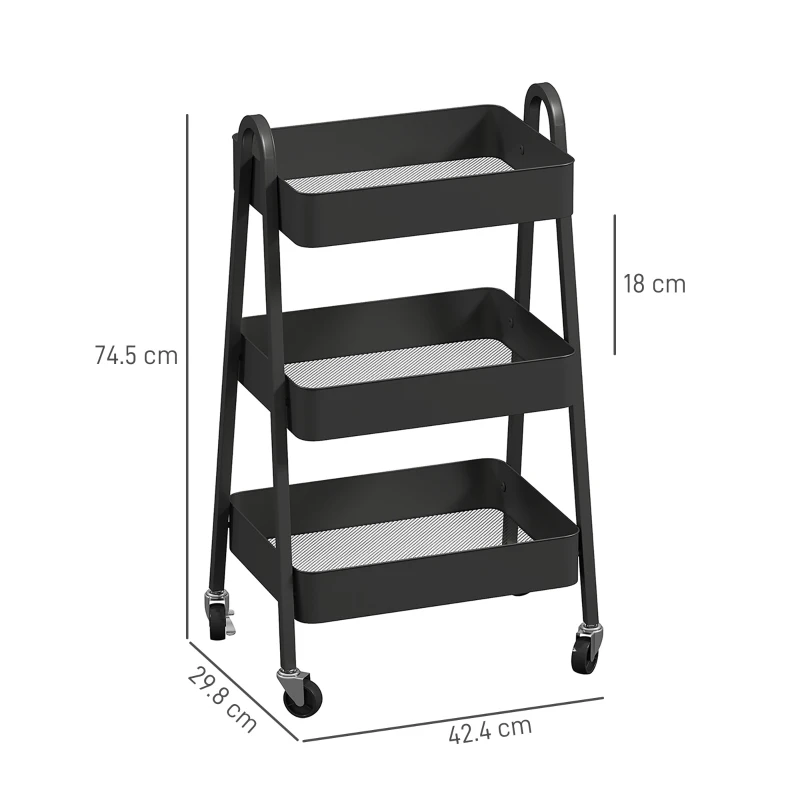 HOMCOM Three-Tier Storage Trolley - Black