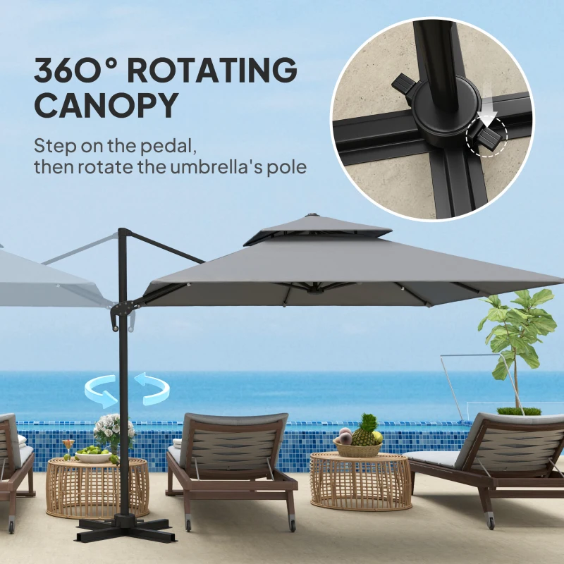 Outsunny 3 x 3(m) Cantilever Parasol with Aluminium Frame, Crank and Tilt, 360-Degree Rotation, Double Top Garden Umbrella with Cover (Only Cross Base), Light Grey