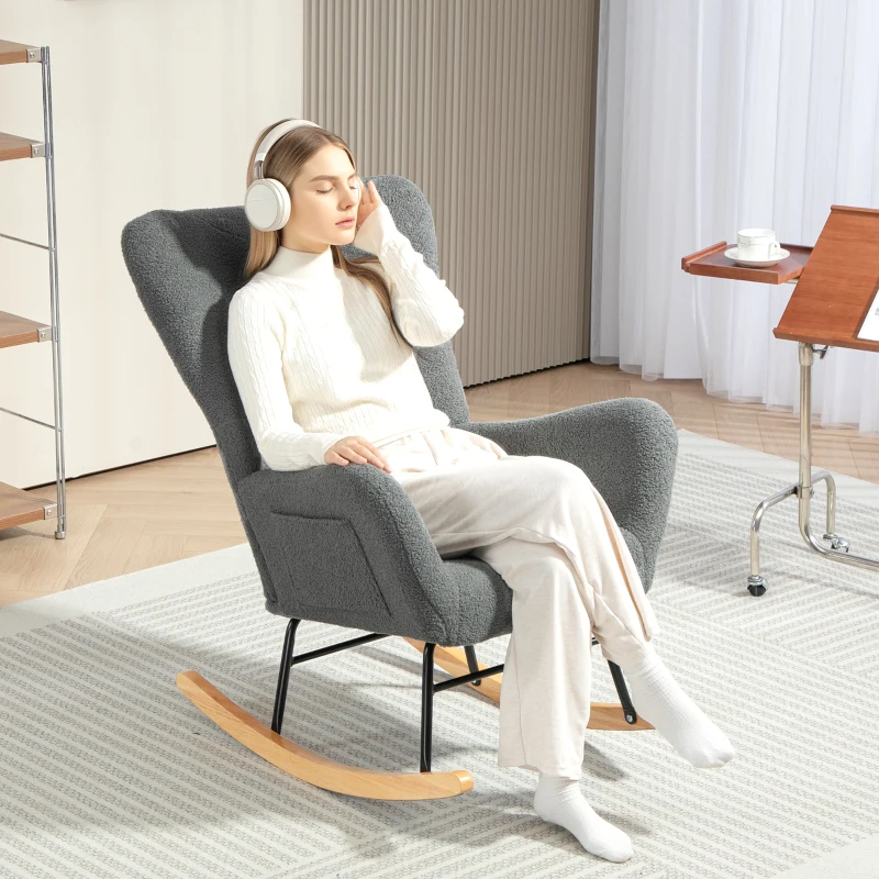 HOMCOM Mecedora de Borreguito con Respaldo Acolchado Almohada y Base de Madera de Caucho Carga 120 kg Gris