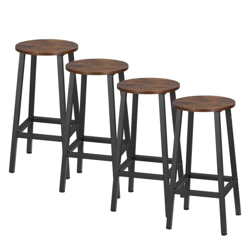 HOMCOM Conjunto de 4 Bancos Altos de Cozinha Bancos de Bar com Pés de Aço e Apoio para os Pés 32,5x32,5x65 cm Preto e Madeira