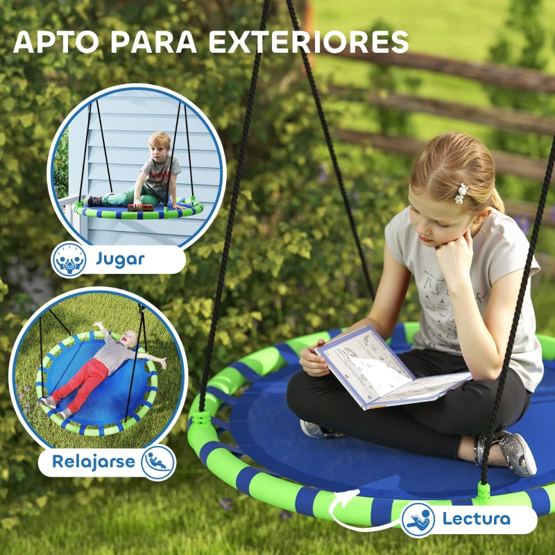 AIYAPLAY Columpio Infantil Redondo de 100 cm para Jardín con Altura Ajustable y Soporte de 150 kg Ø100x180 cm Azul y Verde