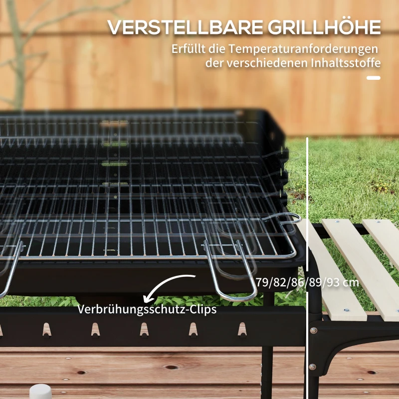 Outsunny Holzkohlegrill aus Metall BBQ Smoker mit Räder, höheverstellbar Grillrost, Holzablage 103x47x95 cm Schwarz