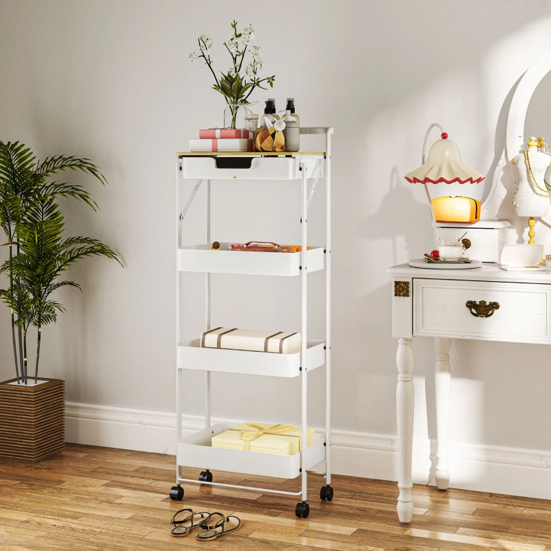 HOMCOM Carrito Auxiliar con Ruedas de 4 Niveles con Cajón Encimera y Cestas de Rejilla para Dormitorio Baño Cocina Blanco