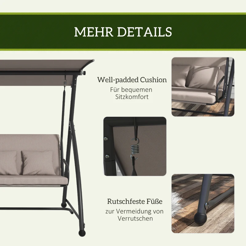 Outsunny 2 in 1 Hollywoodschaukel mit Liegefunktion, 3-Sitzer Gartenschaukel aus Stahl Schaukelbank 170x110x153cm, Hellbraun