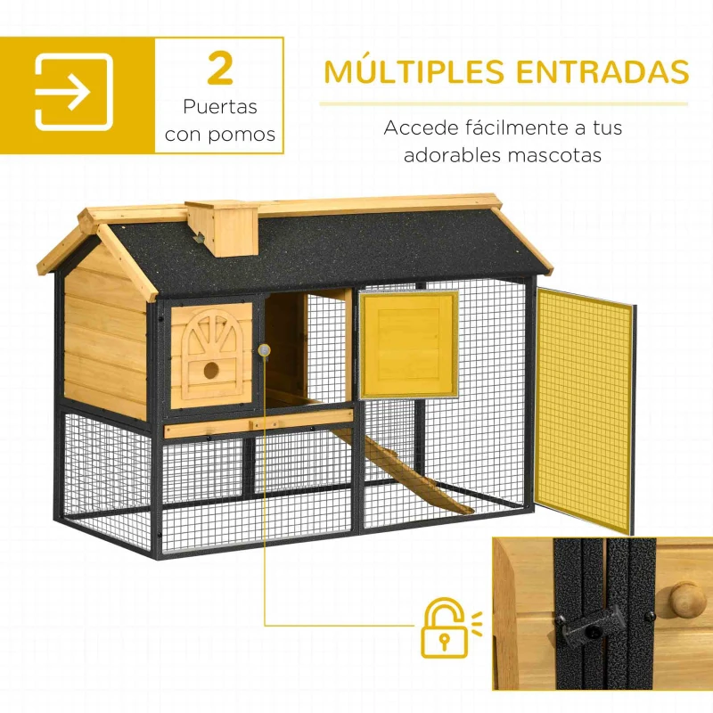 PawHut Conejera de Madera de 2 Niveles con Zona Abierta Techo Asfáltico y Bandeja Extraíble 120x55,5x80 cm Natural y Negro