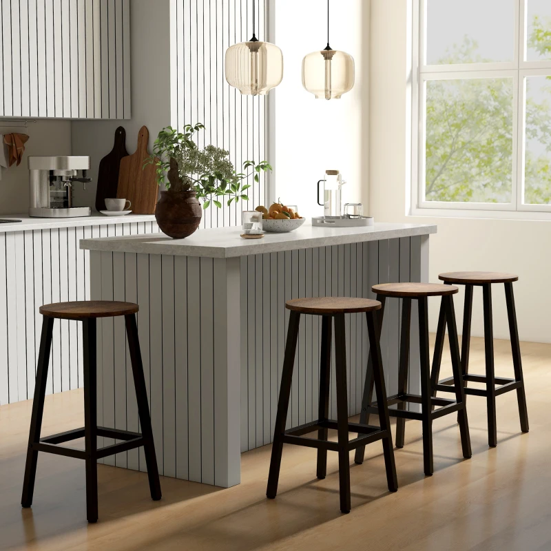 HOMCOM Conjunto de 4 Bancos Altos de Cozinha Bancos de Bar com Pés de Aço e Apoio para os Pés 32,5x32,5x65 cm Preto e Madeira
