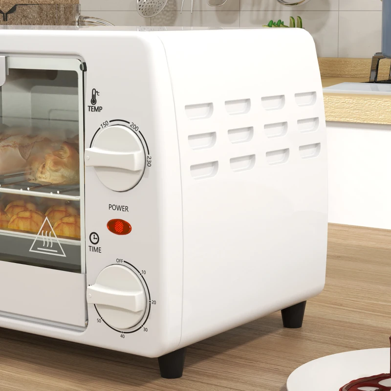 HOMCOM Mini Forno Elétrico 10 Litros 750W com Temperatura até 230 °C Temporizador 60 Minutos Bandeja e Grade 36,5x26x22 cm Branco
