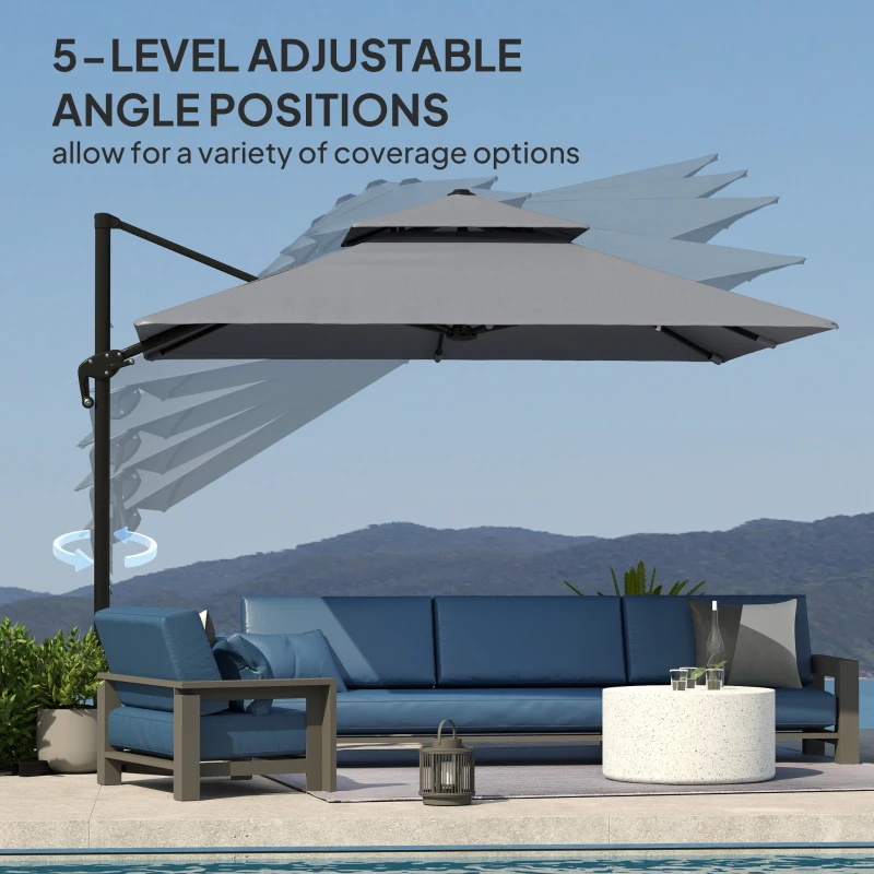 Outsunny 3 x 3(m) Cantilever Parasol with Aluminium Frame, Crank and Tilt, 360-Degree Rotation, Double Top Garden Umbrella with Cover (Only Cross Base), Light Grey