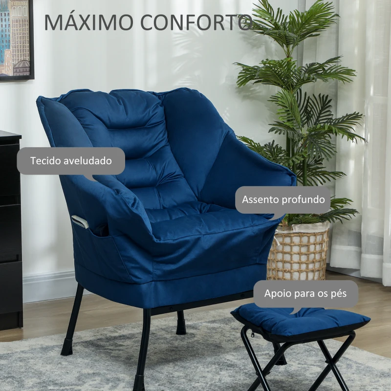 HOMCOM Poltrona Sala de Estar com Apoio para os Pés Poltrona Relax para Leitura com Bolsos Laterais 80x78x100 cm Azul Escuro