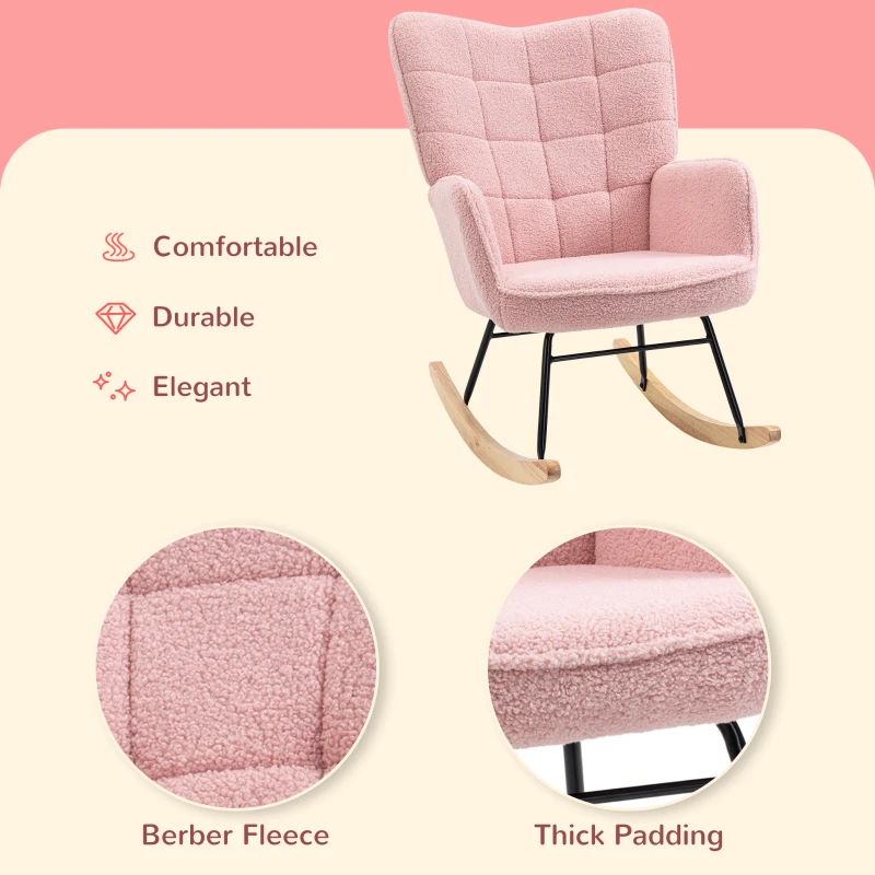 HOMCOM Accent Rocking Chair, Berber Fleece Nursery Glider Rocker, Modern Armchair, Wingback Chair for Living Room and Bedroom, Pink
