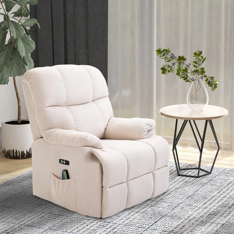 HOMCOM fotel do masażu z funkcją pomocy przy wstawaniu fotel relaksacyjny z funkcją ogrzewania regulowany kąt nachylenia USB pilot plusz krótkowłosy kremowobiały 94 x 96 x 104 cm