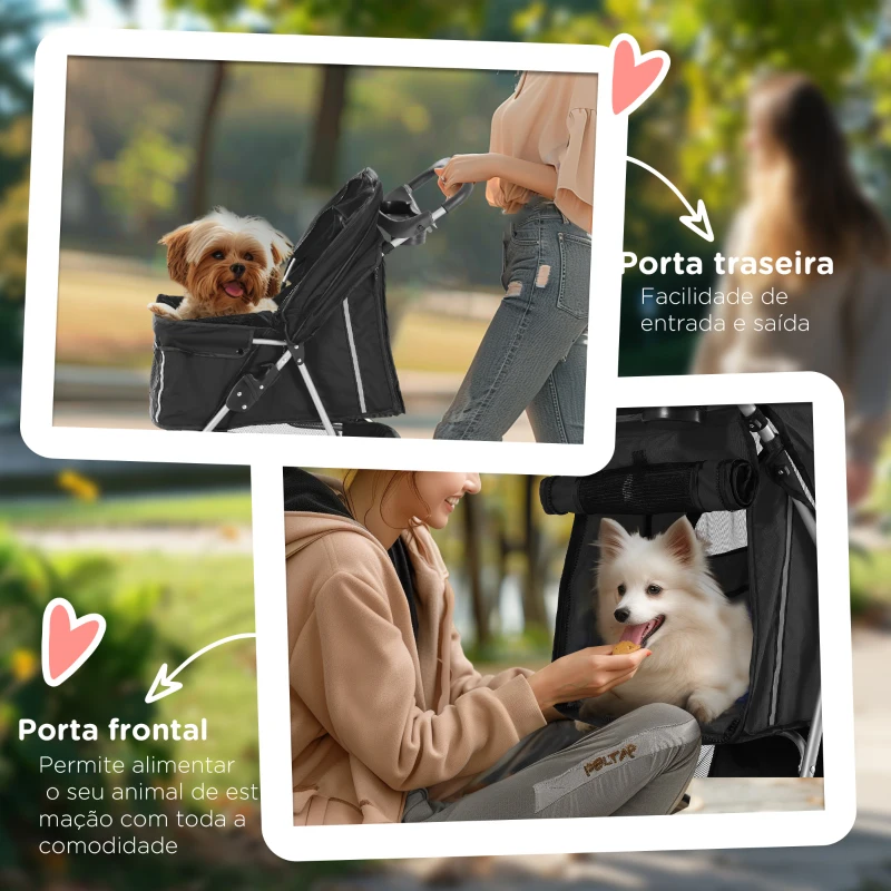 PawHut Carrinho para Animais de Estimação Dobrável com Rodas Giratórias Cesto e Suporte para Copos 75x45x97 cm Preto