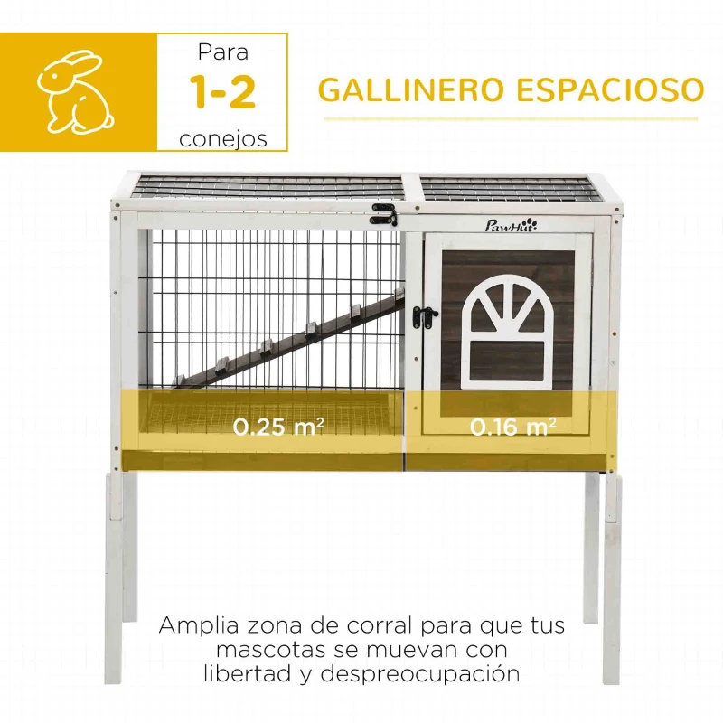 PawHut Conejera de Madera con Zona Abierta Techo Abatible Puertas Bandeja Extraíble y Rampa 90x53x87 cm Marrón y Blanco