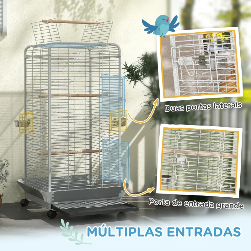 PawHut Gaiola para Pássaros Gaiola para Papagaios com Rodas Poleiros Comedouro e Bandeja Amovível 79x73x146 cm Cinza Claro