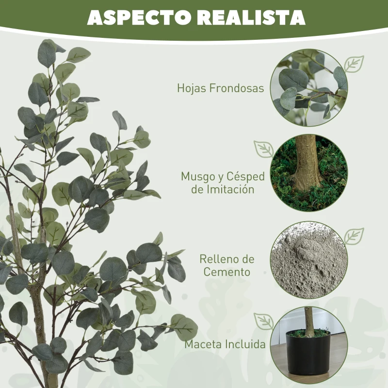 HOMCOM Planta Artificial Decorativa de 150 cm Eucaliptus Sintético con 230 Hojas en Maceta para Interior Verde