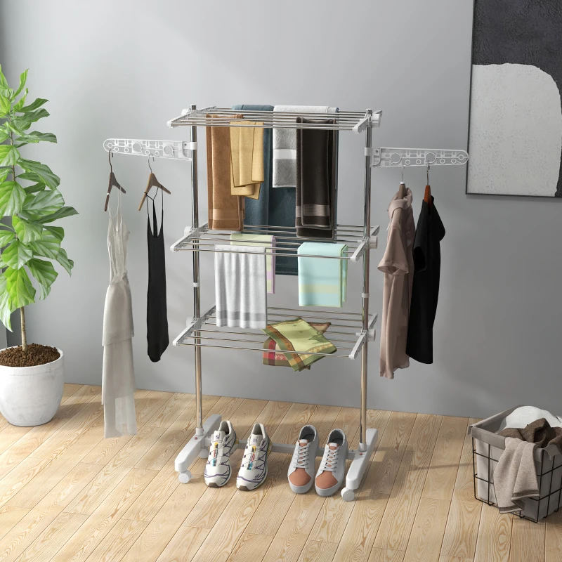 HOMCOM 3-Tier Clothes Airer, Stainless Steel Foldable Clothes Drying Rack with Wheels and Wings, Indoor and Outdoor, Easy Assembly, 142 x 55 x 152cm, White