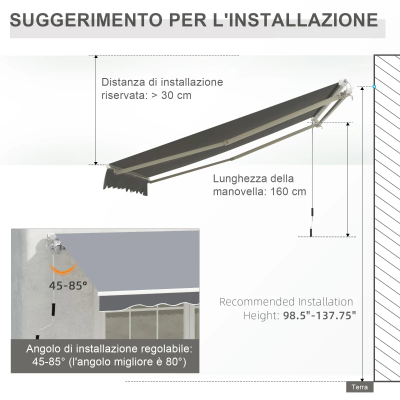 Outsunny Tenda da Sole da Esterno Avvolgibile Manualmente in Alluminio e Poliestere, 2.5x2 m, Grigio e Bianco