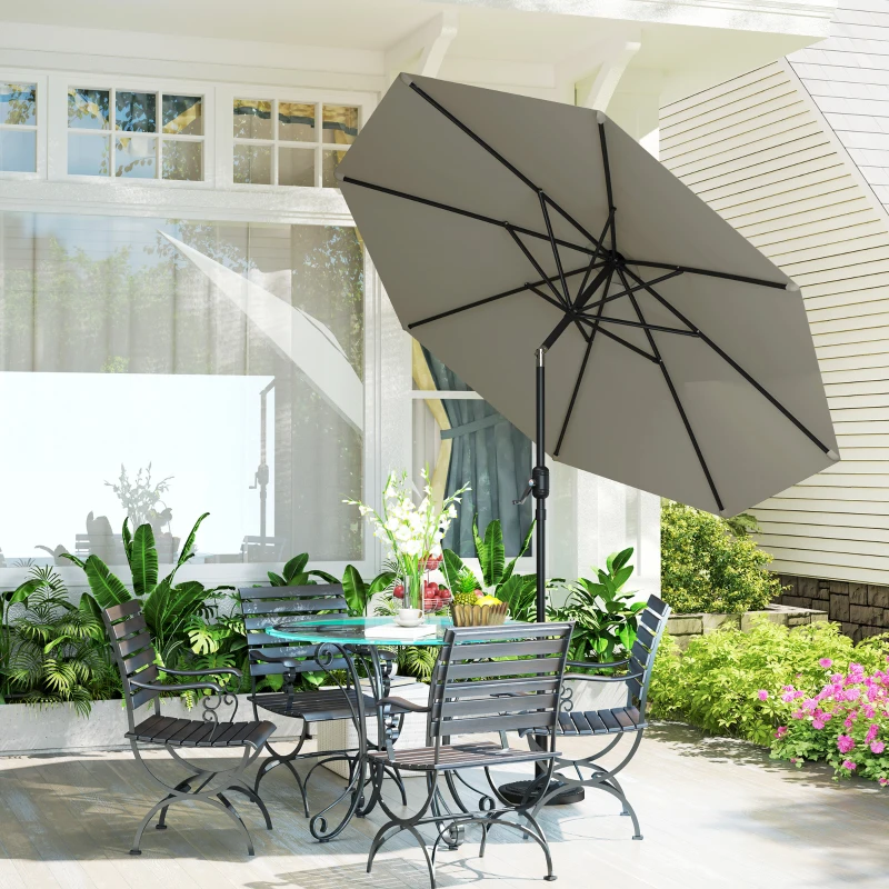 Outsunny 2.6M Garden Parasol Umbrella with Tilt and Crank, Outdoor Sun Parasol Sunshade Shelter with Aluminium Frame, Light Grey