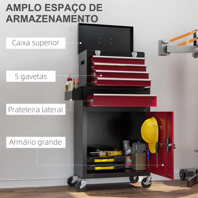 HOMCOM Carrinho de Ferramentas de Aço Carrinho para Oficina com Rodas Porta 5 Gavetas e Fechadura de Aço Preto e Vermelho