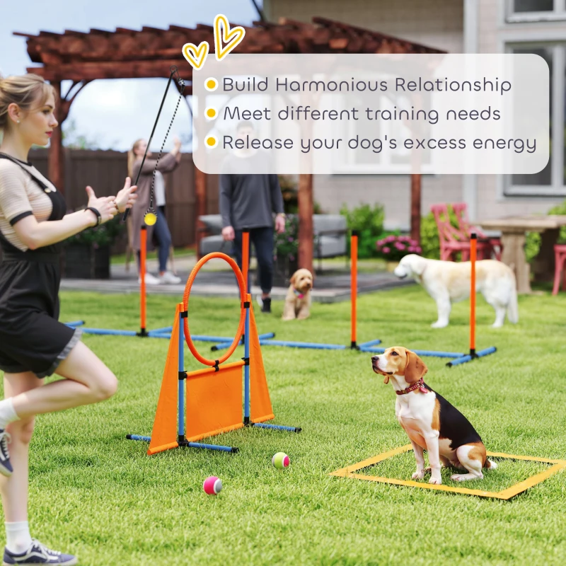 PawHut Seven-Piece Dog Agility Equipment Set with Weave Poles, Jump Ring, Hurdle, Pause Box, Carry Bag, Orange