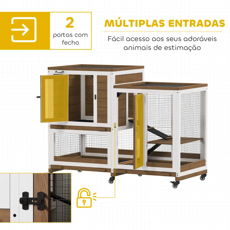 PawHut Coelheira de Madeira Interior Gaiola para Coelhos de 2 Níveis com Rodas 2 Rampas 3 Bandejas Amovíveis 110x50x86 cm Marrom