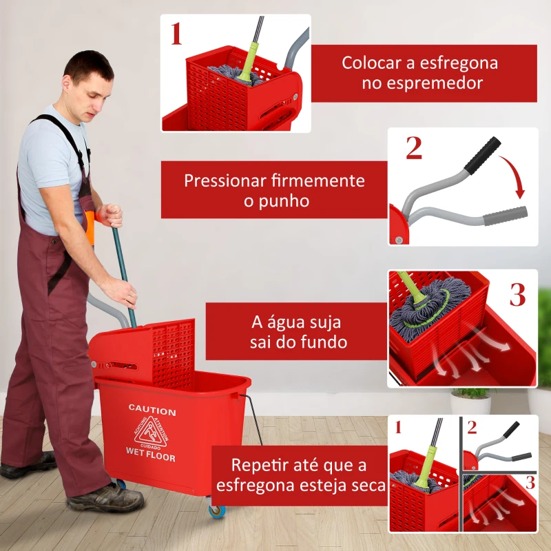 HOMCOM Balde de Limpeza 20L com Rodas e Espremedor Balde para Esfregona com Separador de Água 60x27x70,5 cm Vermelho