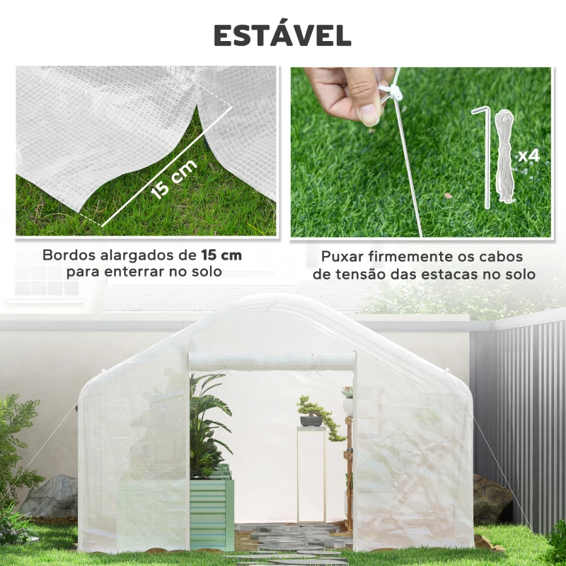 Outsunny Estufa tipo Túnel 4x3x2 m Estufa de Exterior com 2 Janelas Cobertura PE Anti UV e 1 Porta de Enrolar Branco