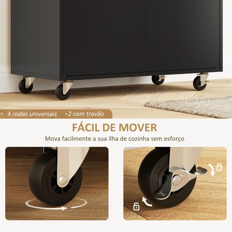 HOMCOM Ilha de Cozinha com Rodas com Lateral Dobrável Gaveta Suporte para Temperos e Prateleira Ajustável 106x42x87 cm Preto e Carvalho