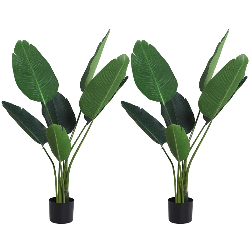 Outsunny 2 Palmas Artificiales 120 cm Plantas Artificiales Árboles Artificiales con 7 Hojas y Maceta para Decoración Hogar Verde