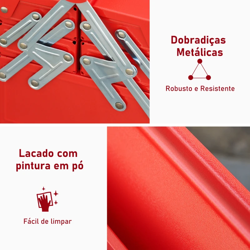 DURHAND Caixa de Ferramentas de Aço Dobrável Portátil com 5 compartimentos com Alça de Transporte para Oficina Bricolagem 57x21x41cm Vermelho