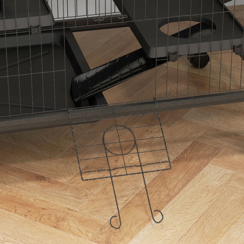 PawHut Gaiola para Roedores 80x52x128 cm Casa de 4 Alturas com Rampas Suspensa Rede Bandeja Removível Rodas Cinza Escuro