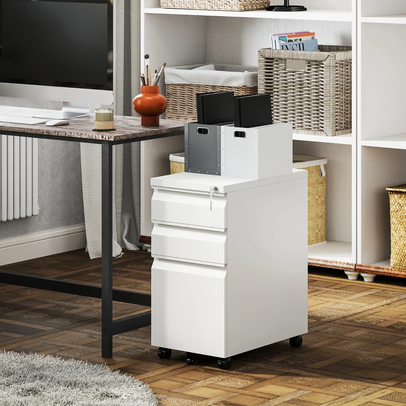 Vinsetto 3-Drawer Steel Filing Cabinet with Lock and Wheels - White
