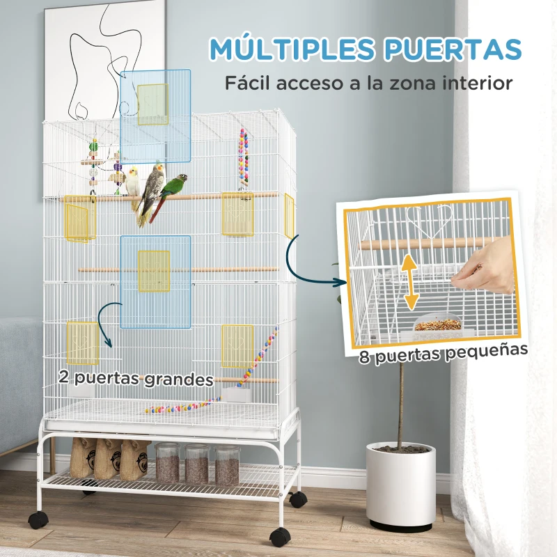 PawHut Jaula para Pájaros con Ruedas Bandeja Extraíble Puertas Comederos Perchas y Estante Inferior 79x49x133 cm Blanco