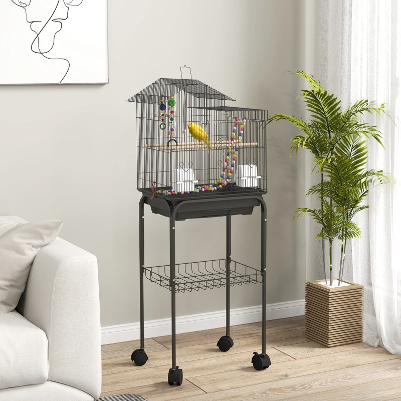 PawHut Gaiola para Passáros Gaiola de Metal com Portas 4 Comedouros 3 Poleiros Baloiço Escadas e Bandeja Removível 46x36x120 cm Preto