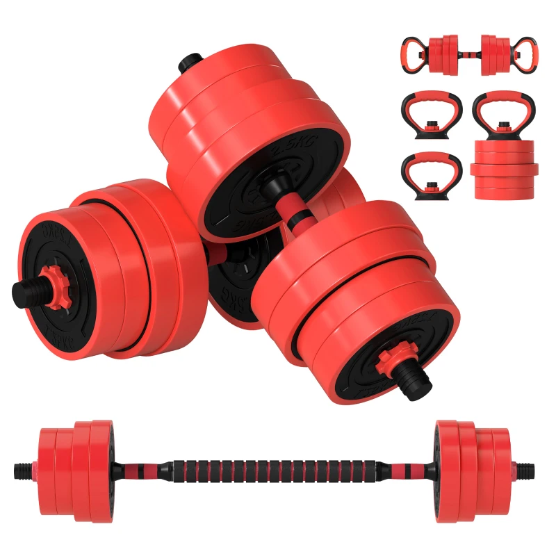 SPORTNOW 30kg Four-In-One Adjustable Weight Dumbbells Set, Barbell, Kettlebell, Push Up Stand - Red