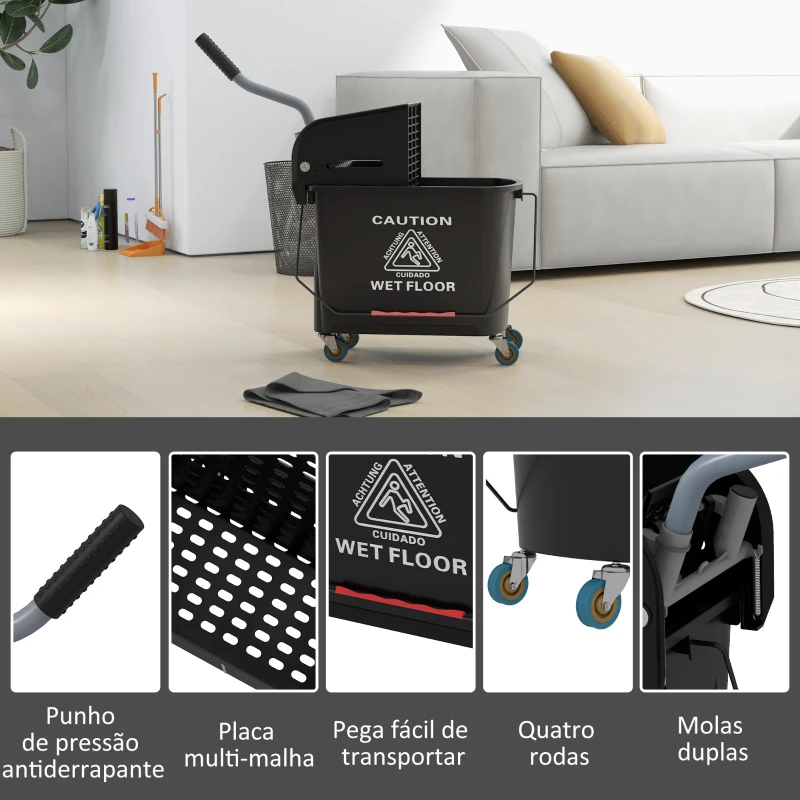 HOMCOM Balde de Limpeza 20L com Rodas e Espremedor Balde para Esfregona com Separador de Água 60x27x70,5 cm Preto