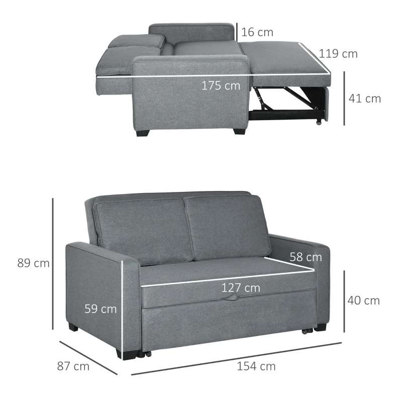 HOMCOM Double Sofa Bed Click Clack Sofa Bed Pull Out Bed with Adjustable Backrest for Living Room and Bedroom Grey
