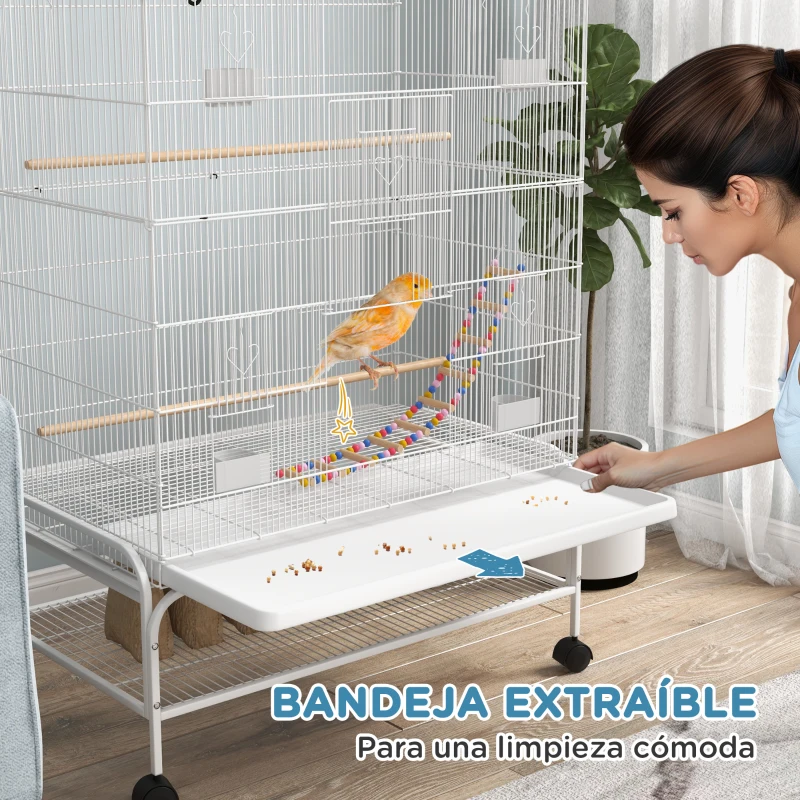 PawHut Jaula para Pájaros con Ruedas Bandeja Extraíble Puertas Comederos Perchas y Estante Inferior 79x49x133 cm Blanco