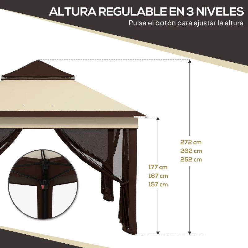 Outsunny Carpa Plegable 3,26x3,26x2,72m con Doble Techo Altura Ajustable Mosquiteras Protección UV30+ y Bolsa de Transporte Beige