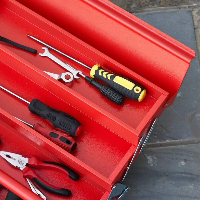 DURHAND Caixa de Ferramentas de Aço Dobrável Portátil com 5 compartimentos com Alça de Transporte para Oficina Bricolagem 57x21x41cm Vermelho