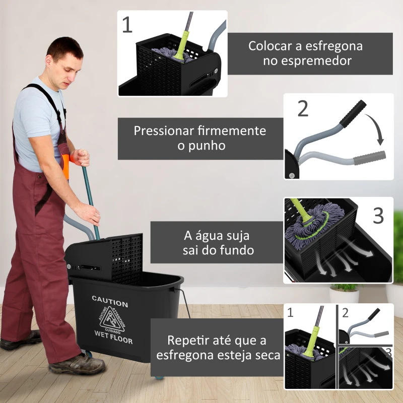 HOMCOM Balde de Limpeza 20L com Rodas e Espremedor Balde para Esfregona com Separador de Água 60x27x70,5 cm Preto