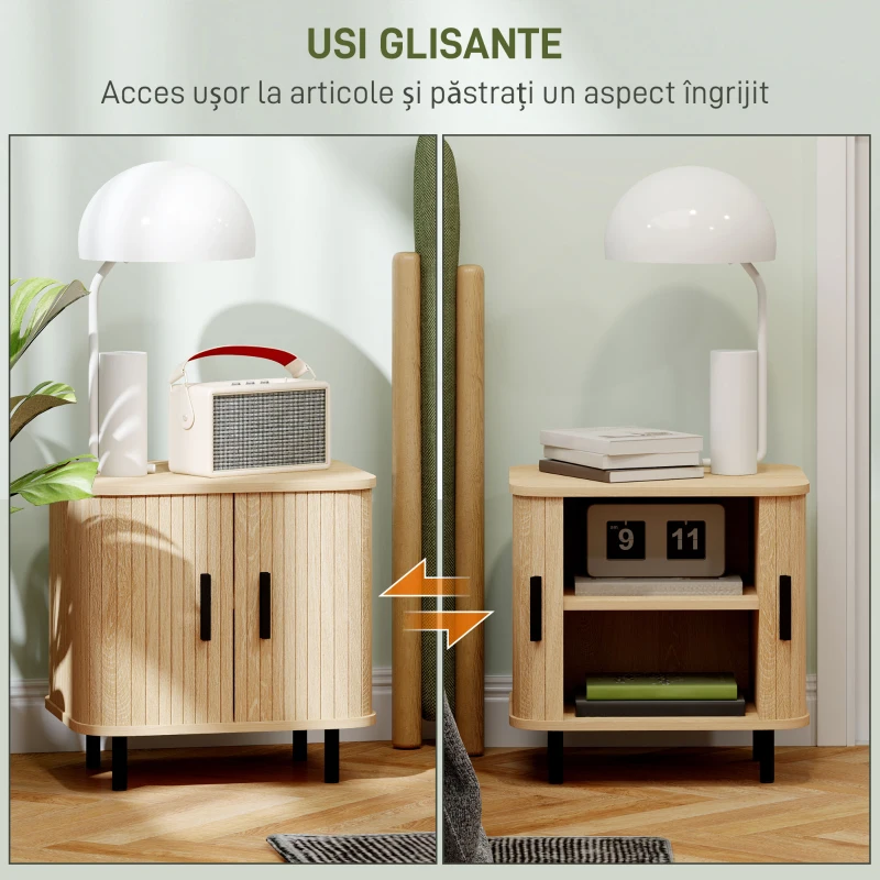HOMCOM Set 2 Noptiere în stil Nordic cu Raft pe 2 Niveluri și Ușă Culisantă pentru Dormitor, 48x40x48 cm, Lemn Natural(m-5)