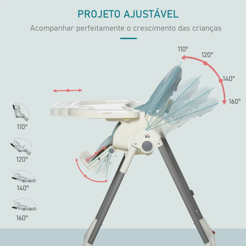 HOMCOM Cadeira de refeição ajustável e dobrável para bebê acima de 6 meses com bandeja dupla 2 rodas e freios 55x80x104 cm Azul