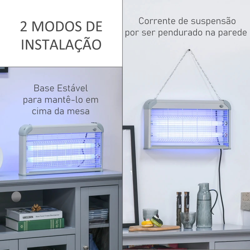 Outsunny Lâmpada Anti-Mosquitos Elétrica 30W Mata Mosquitos Elétrico Área 60 m² com Luz UV 48,5x8,5x26,5cm Branco e Cinza