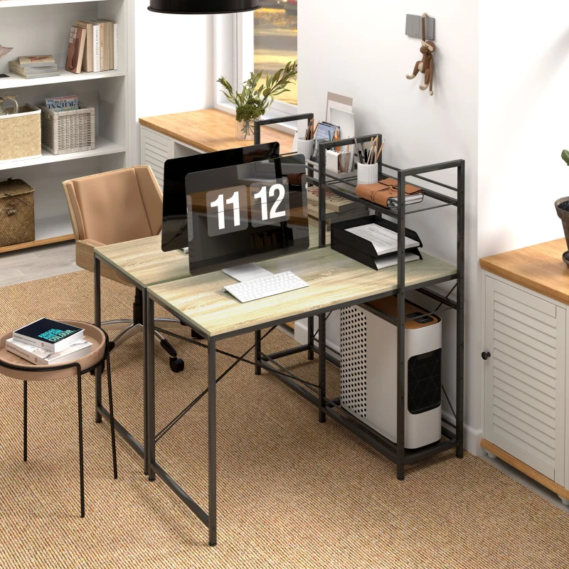 HOMCOM Secretária com Prateleira Reversível Estilo Industrial com Estrutura em Aço para Escritório 110x53x115,5 cm Carvalho e Preto