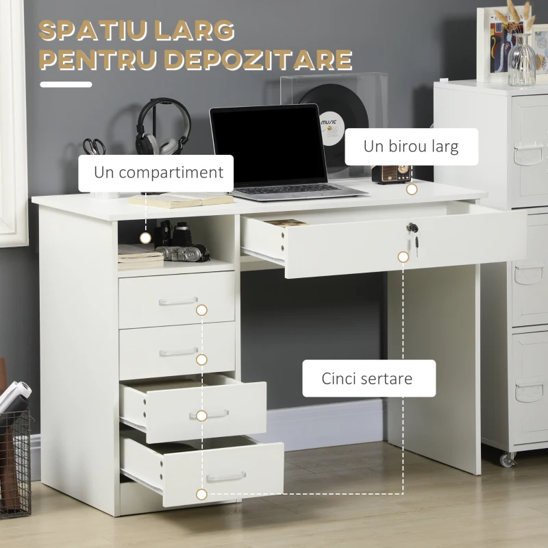 HOMCOM Masa de Birou din Lemn cu 5 Sertare, 110x50x76cm - Alb(m-5)